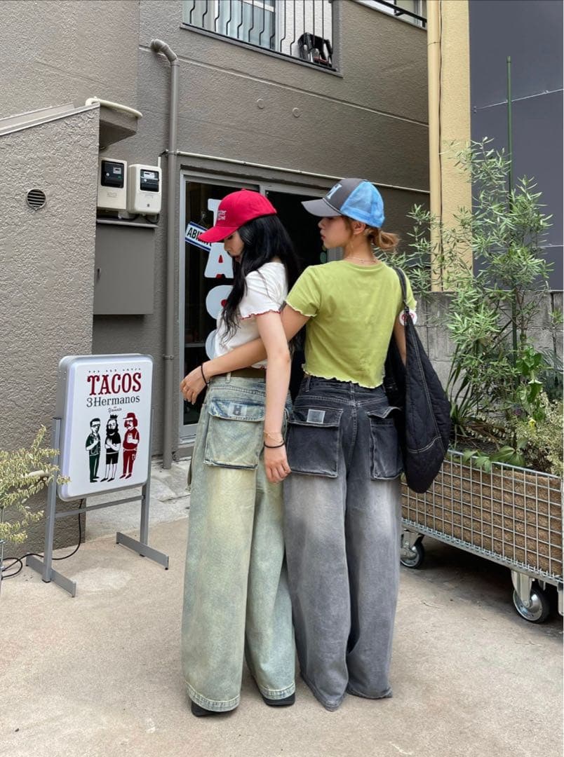 ダメージ加工ワイドレッグデニムパンツ