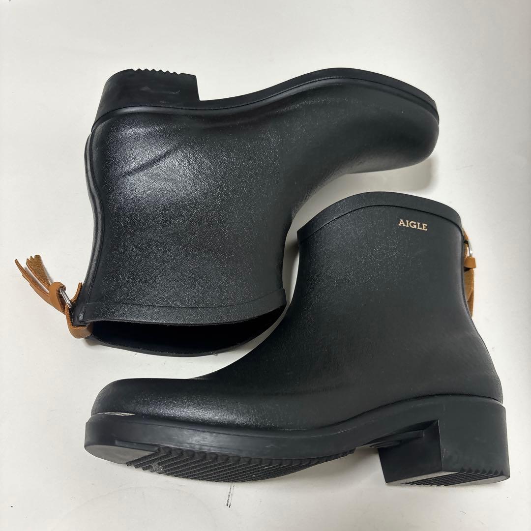 【AIGLE】美品 ラバー ショート丈レインブーツ ブラック ロゴ 24cm相当