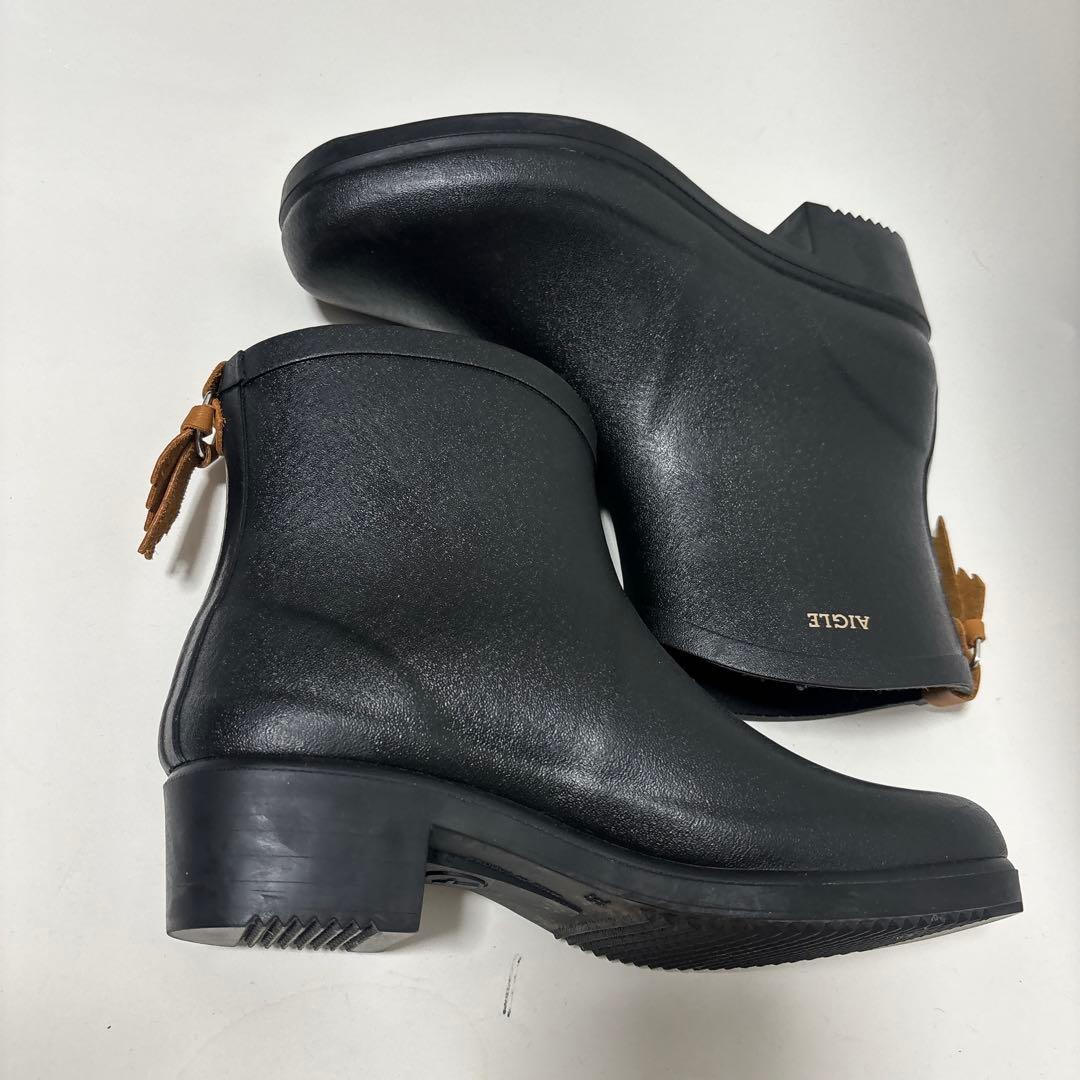 【AIGLE】美品 ラバー ショート丈レインブーツ ブラック ロゴ 24cm相当