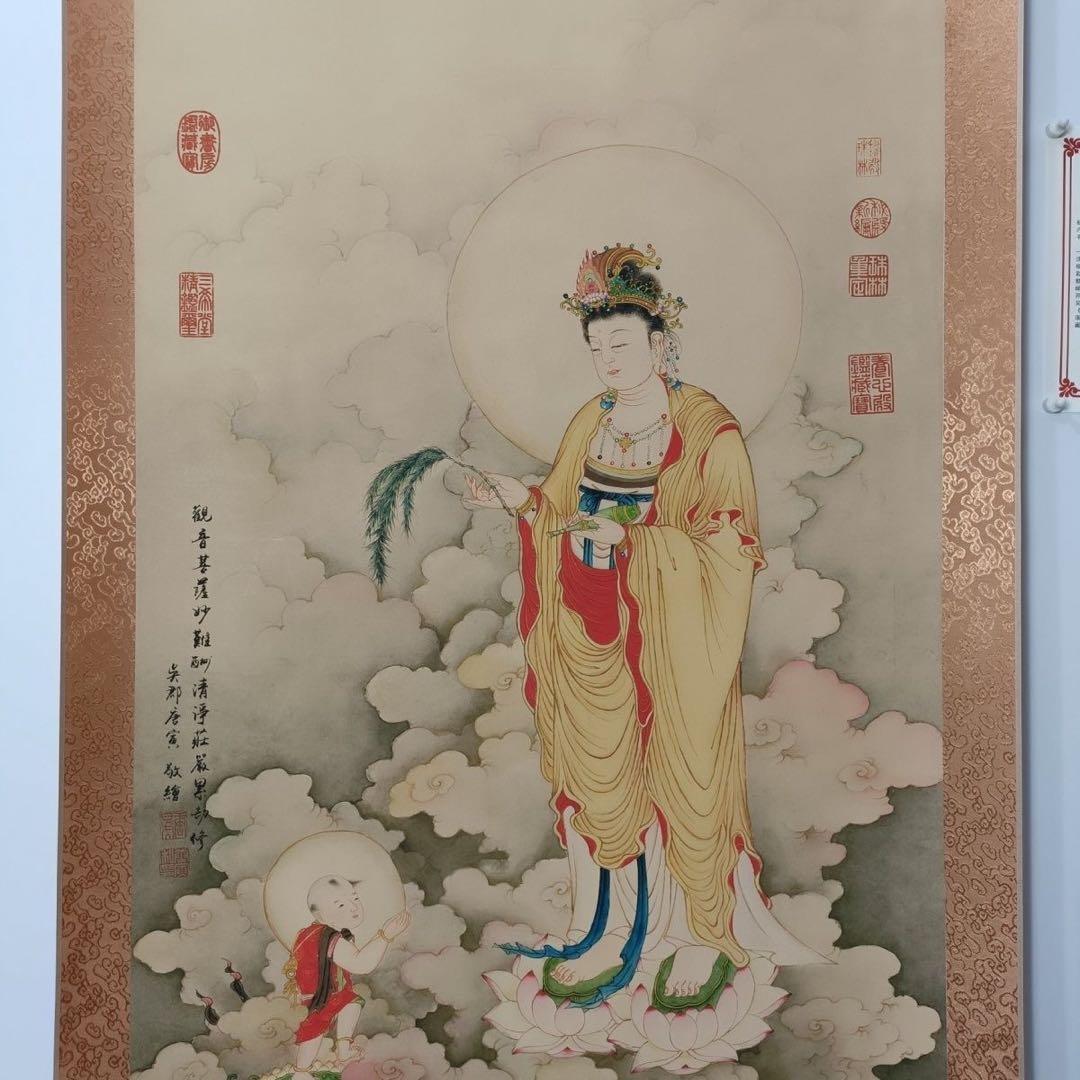 唐寅 観音像 掛軸 70×173cm 三尺中堂 証書付