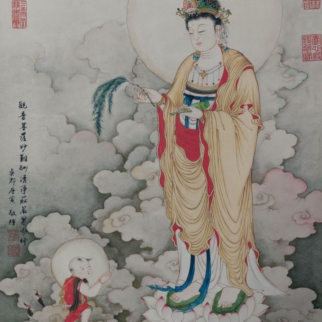 唐寅 観音像 掛軸 70×173cm 三尺中堂 証書付