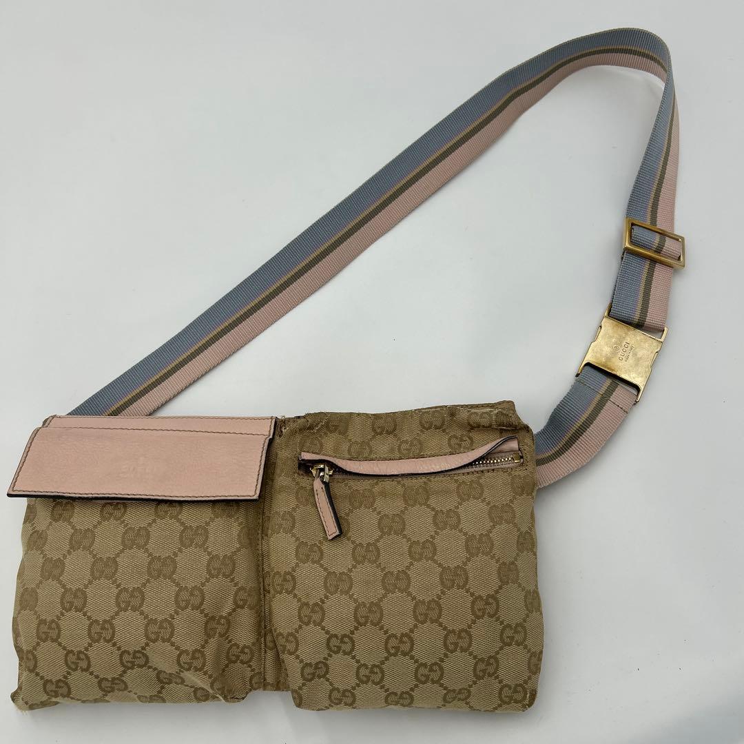 GUCCI GGキャンバス シェリーライン ウエストバッグ レザー　ピンク