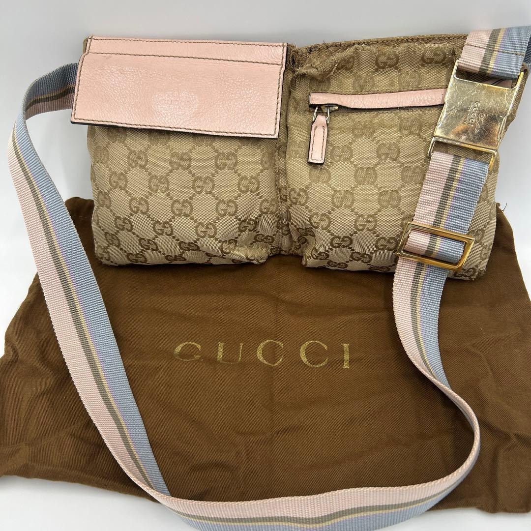GUCCI GGキャンバス シェリーライン ウエストバッグ レザー　ピンク
