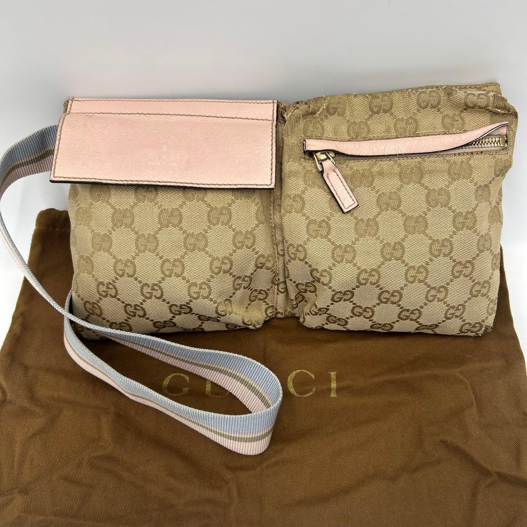 GUCCI GGキャンバス シェリーライン ウエストバッグ レザー　ピンク