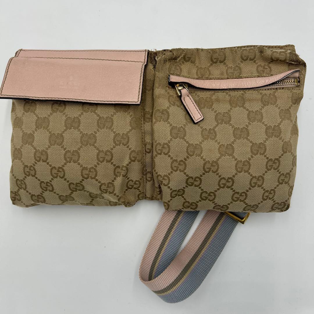 GUCCI GGキャンバス シェリーライン ウエストバッグ レザー　ピンク