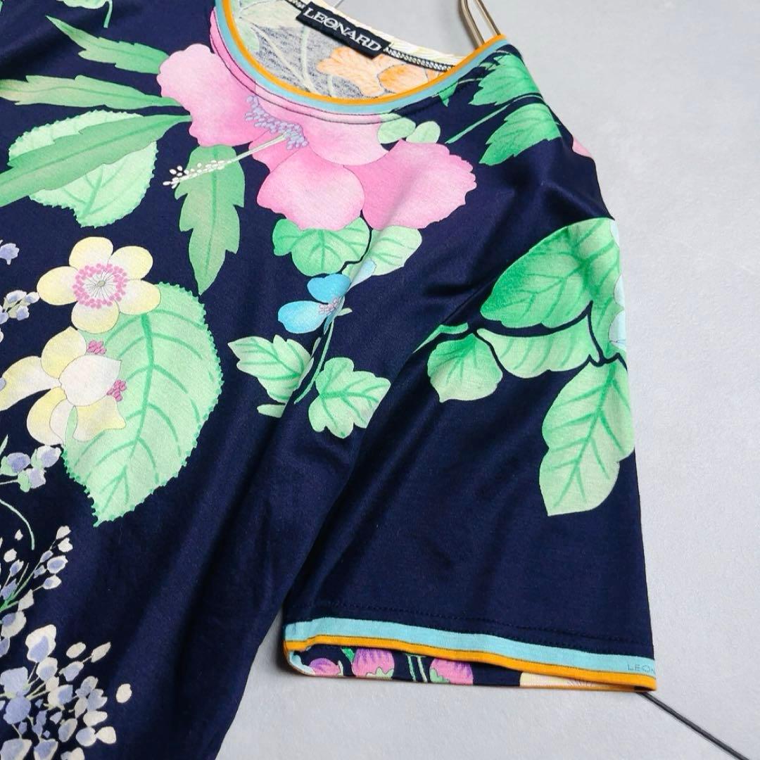 レオナール LEONARD 花柄 Tシャツ 総柄 紺　ネイビー×マルチ M