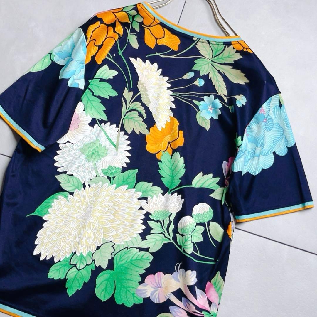 レオナール LEONARD 花柄 Tシャツ 総柄 紺　ネイビー×マルチ M