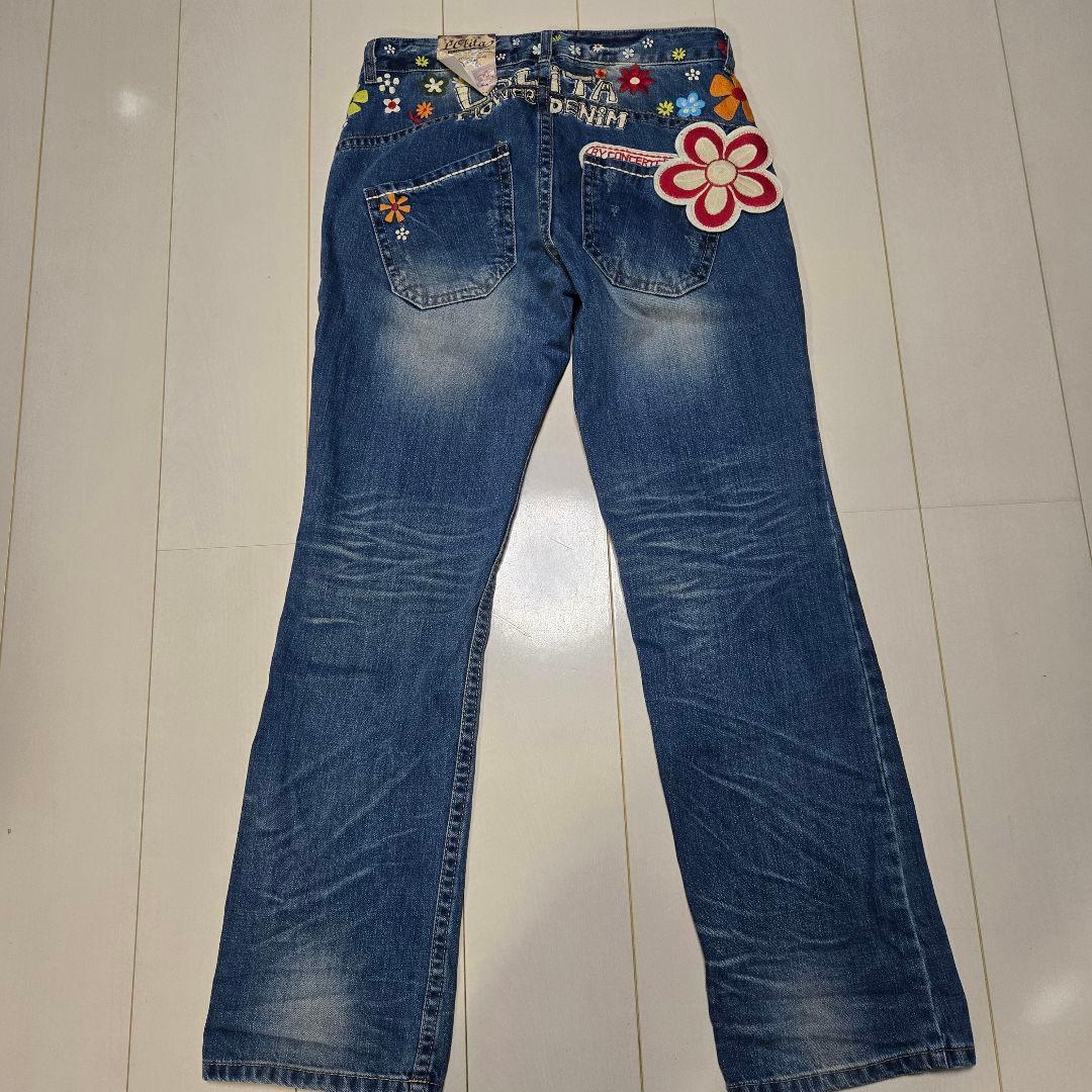 新品 ロリータ ジーンズ デニム L 花柄 刺繍 Y2K フラワー　HANA