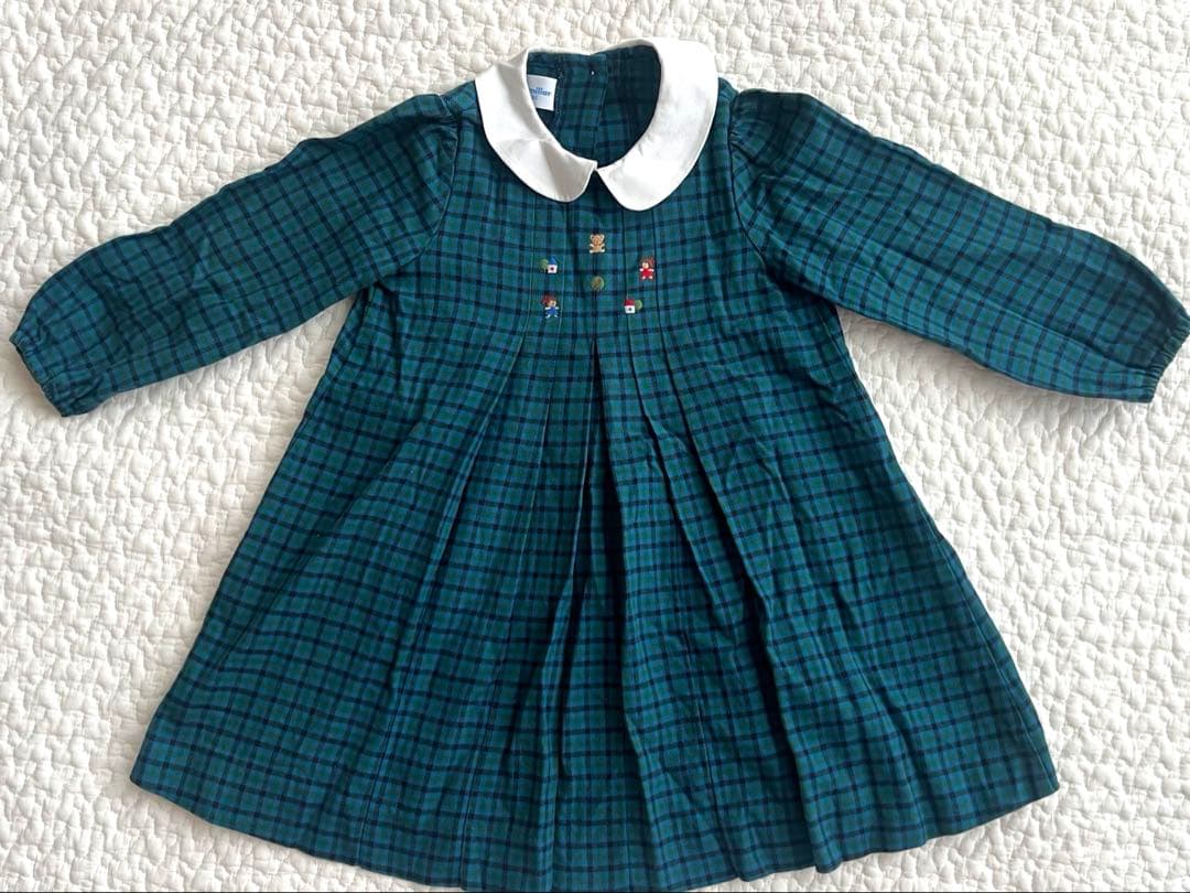 美品⭐︎ファミリア⭐︎緑色のチェック柄長袖ワンピース⭐︎90cm⭐︎familiar