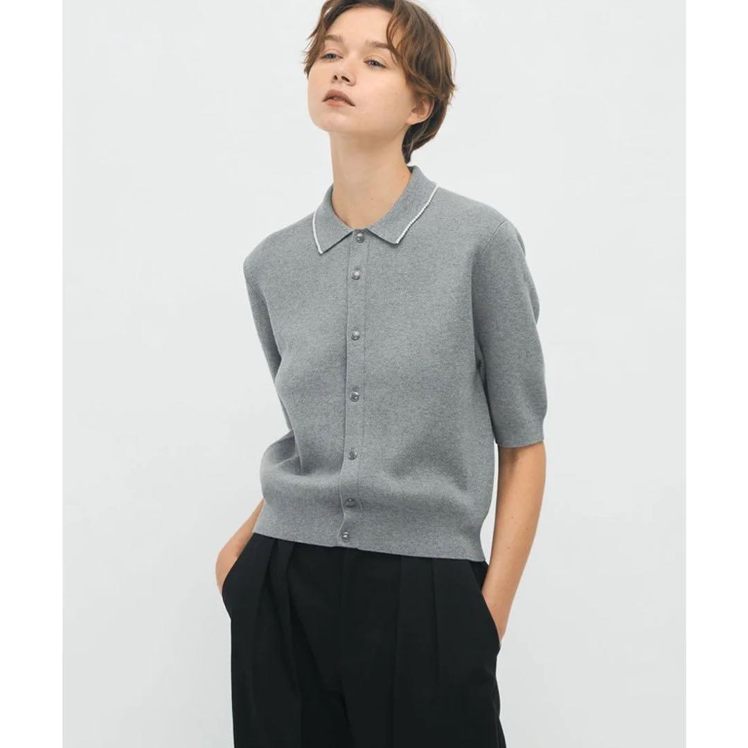 CABaN コットンカシミヤ パールポロカーディガン　グレー