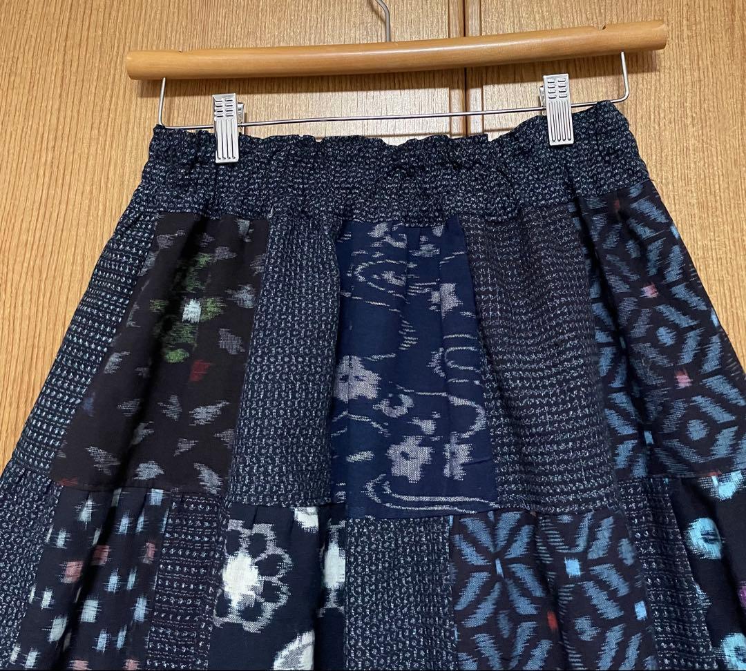 着物リメイク　絣(木綿)のパッチワークティアードスカート