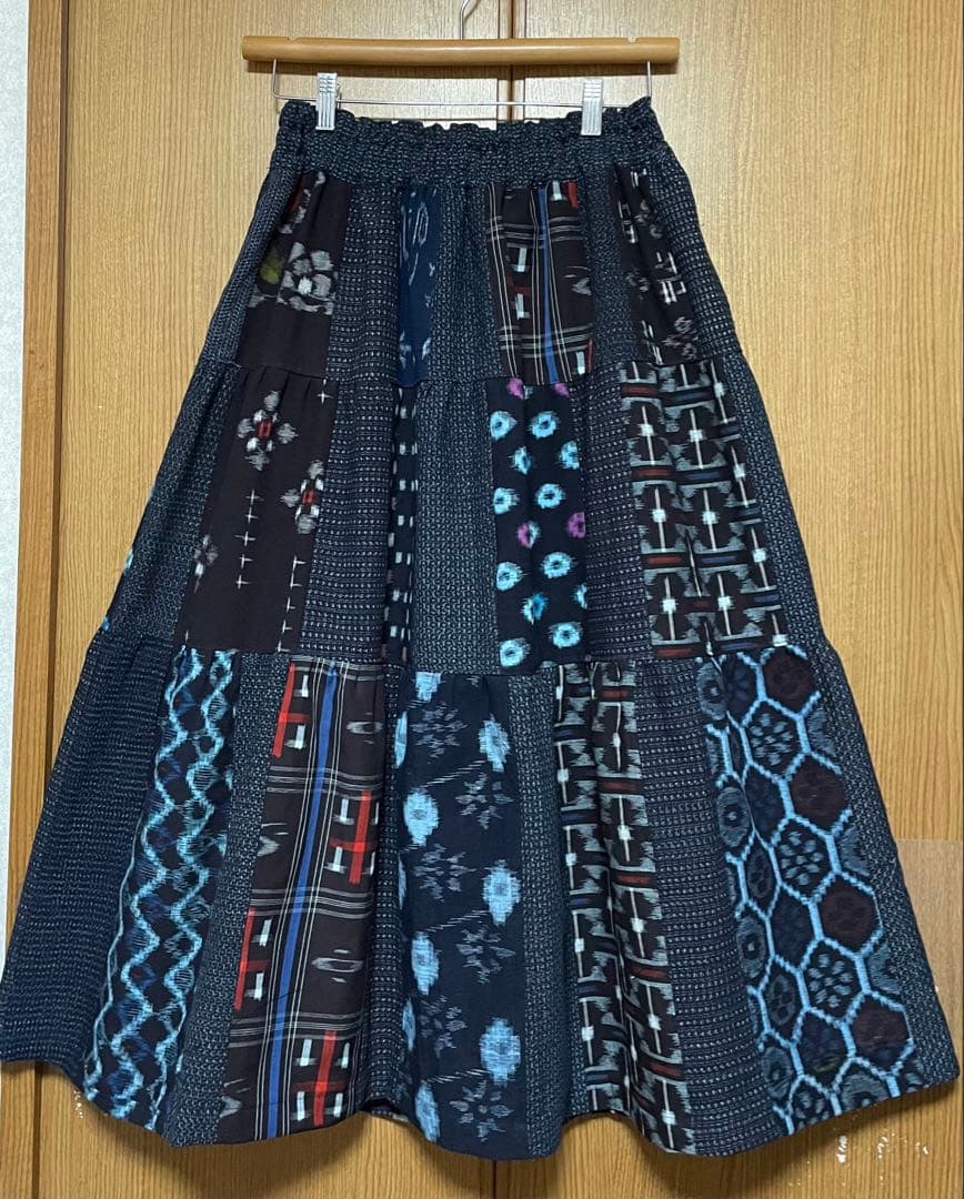 着物リメイク　絣(木綿)のパッチワークティアードスカート