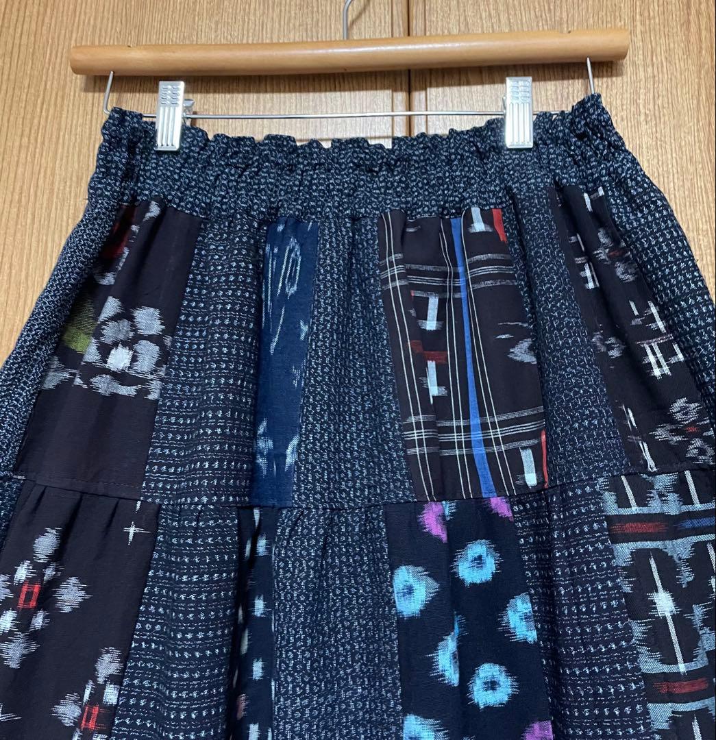 着物リメイク　絣(木綿)のパッチワークティアードスカート