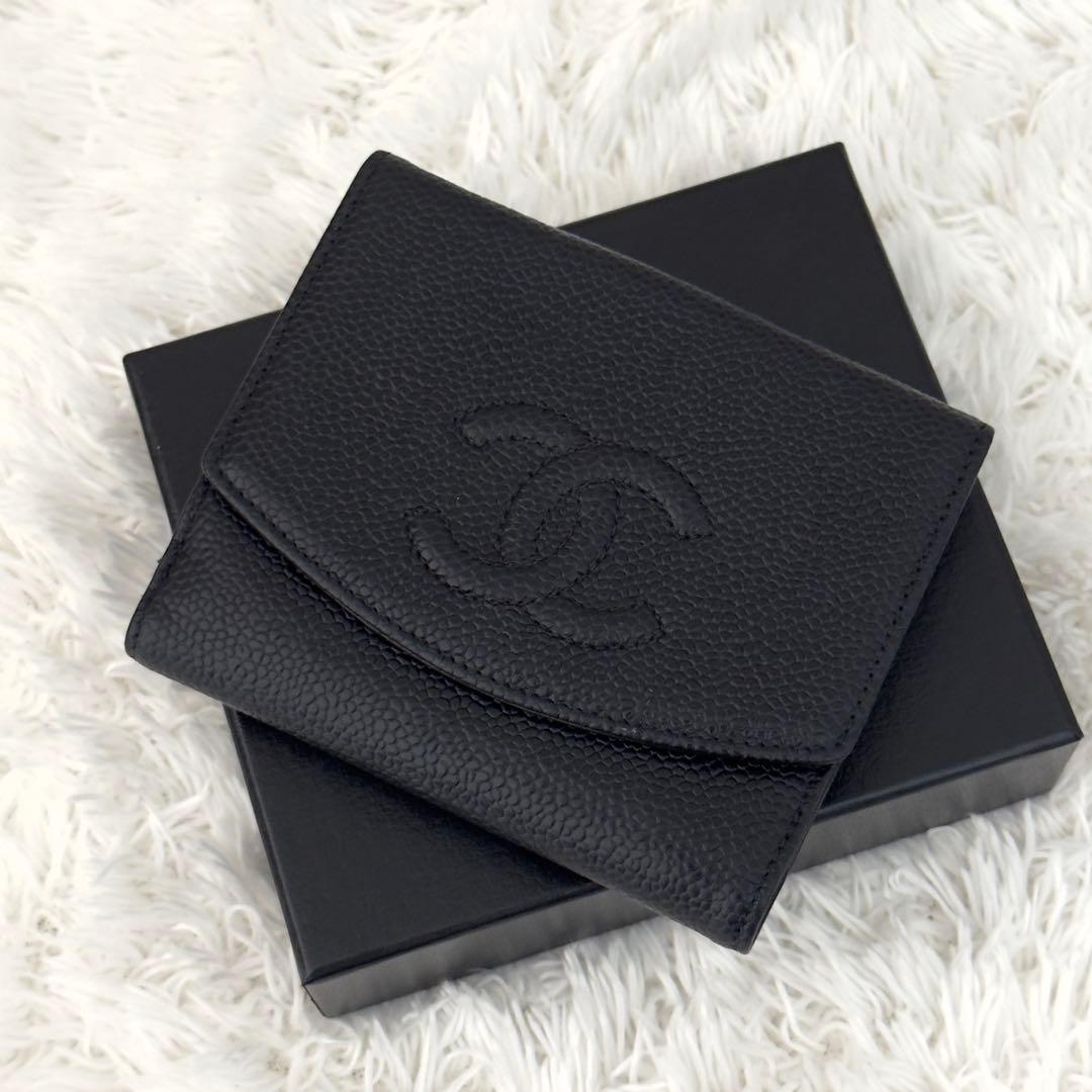極上美品✨CHANEL シャネル キャビアスキン 折り財布 ココマーク ブラック