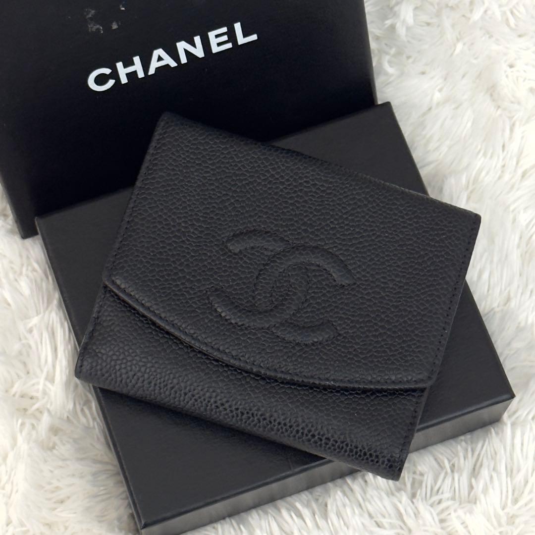 極上美品✨CHANEL シャネル キャビアスキン 折り財布 ココマーク ブラック