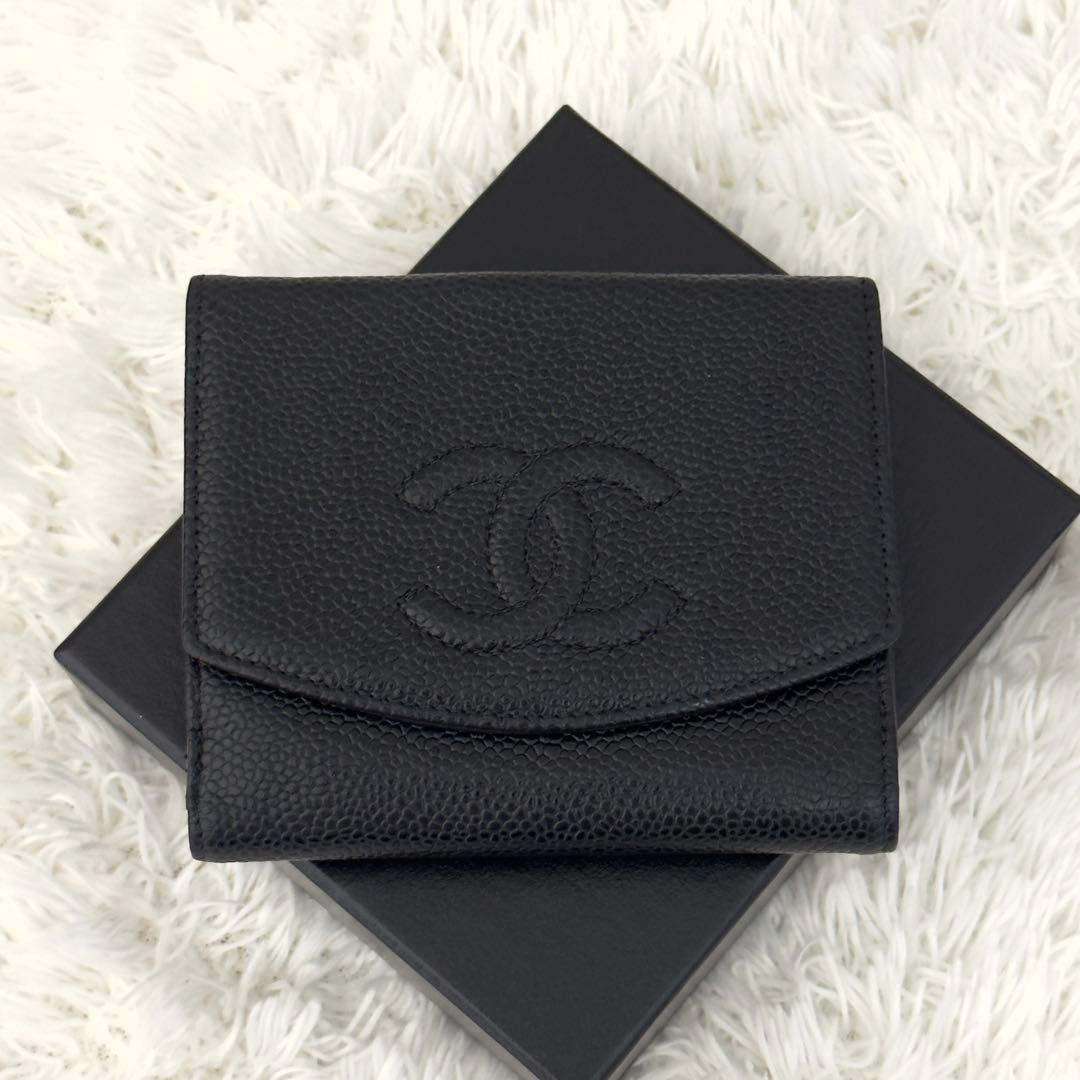 極上美品✨CHANEL シャネル キャビアスキン 折り財布 ココマーク ブラック