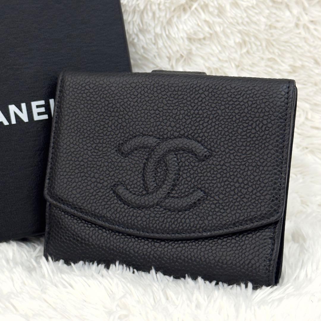 極上美品✨CHANEL シャネル キャビアスキン 折り財布 ココマーク ブラック