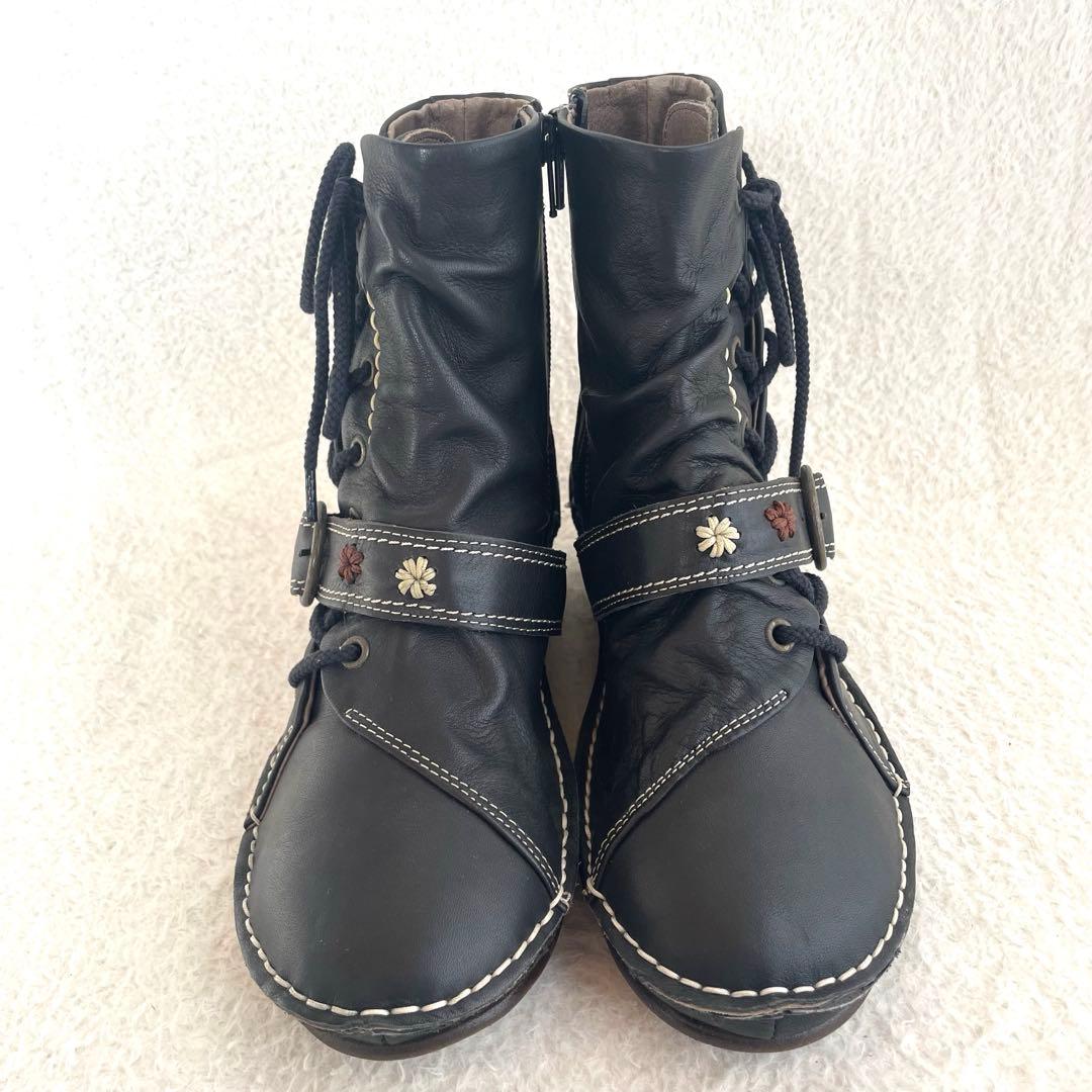 未使用品✨HINA JS company フラワーモチーフ ショートブーツ 黒