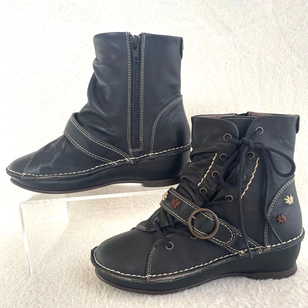 未使用品✨HINA JS company フラワーモチーフ ショートブーツ 黒