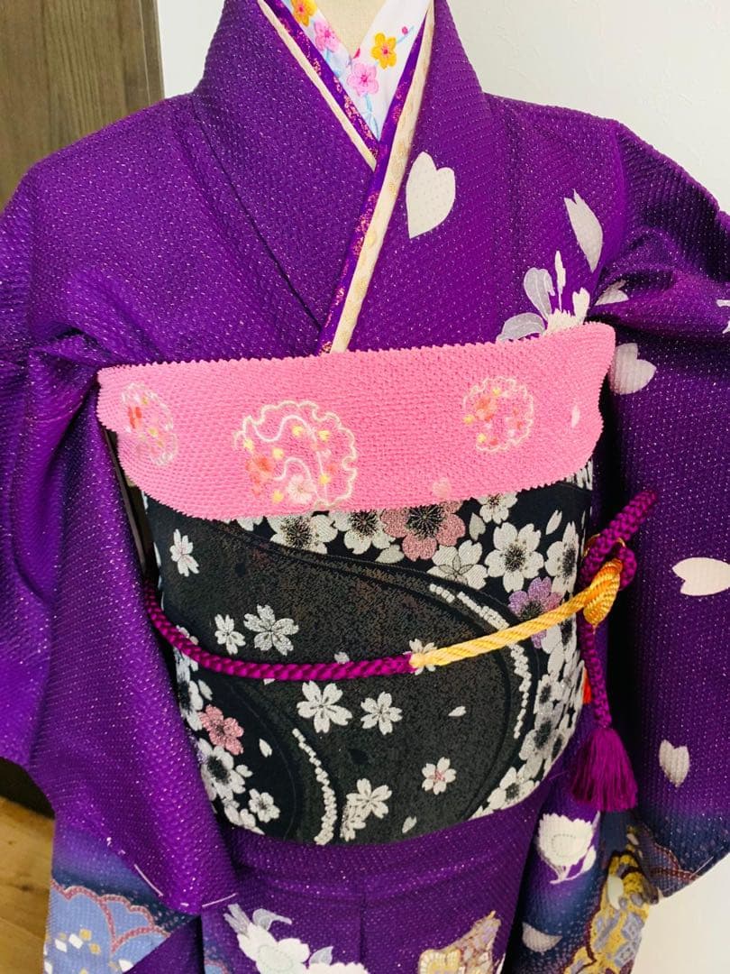 紫色 桜模様 振袖 着物　フルセット