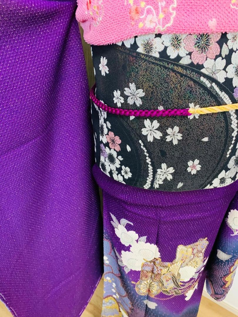 紫色 桜模様 振袖 着物　フルセット