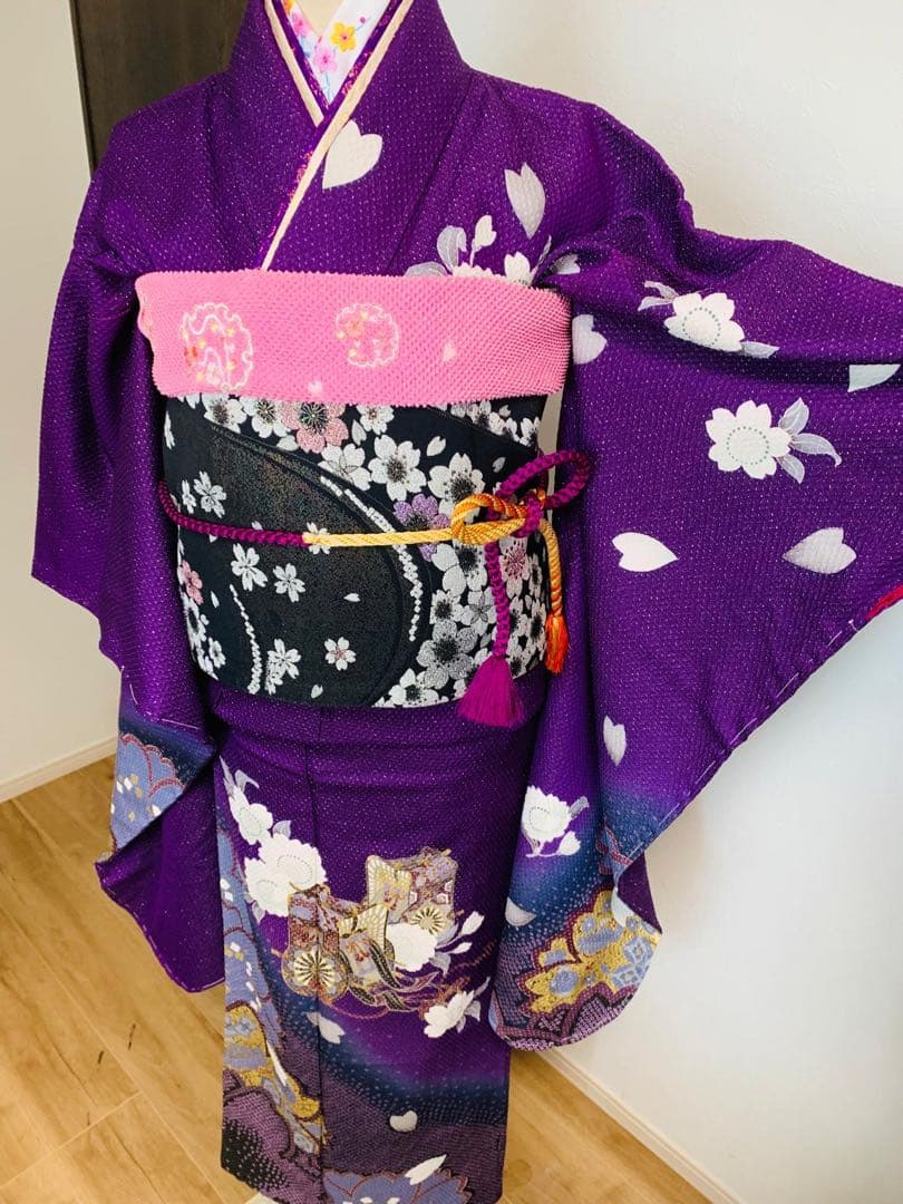 紫色 桜模様 振袖 着物　フルセット