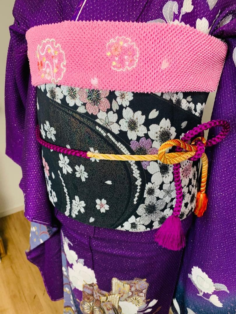 紫色 桜模様 振袖 着物　フルセット