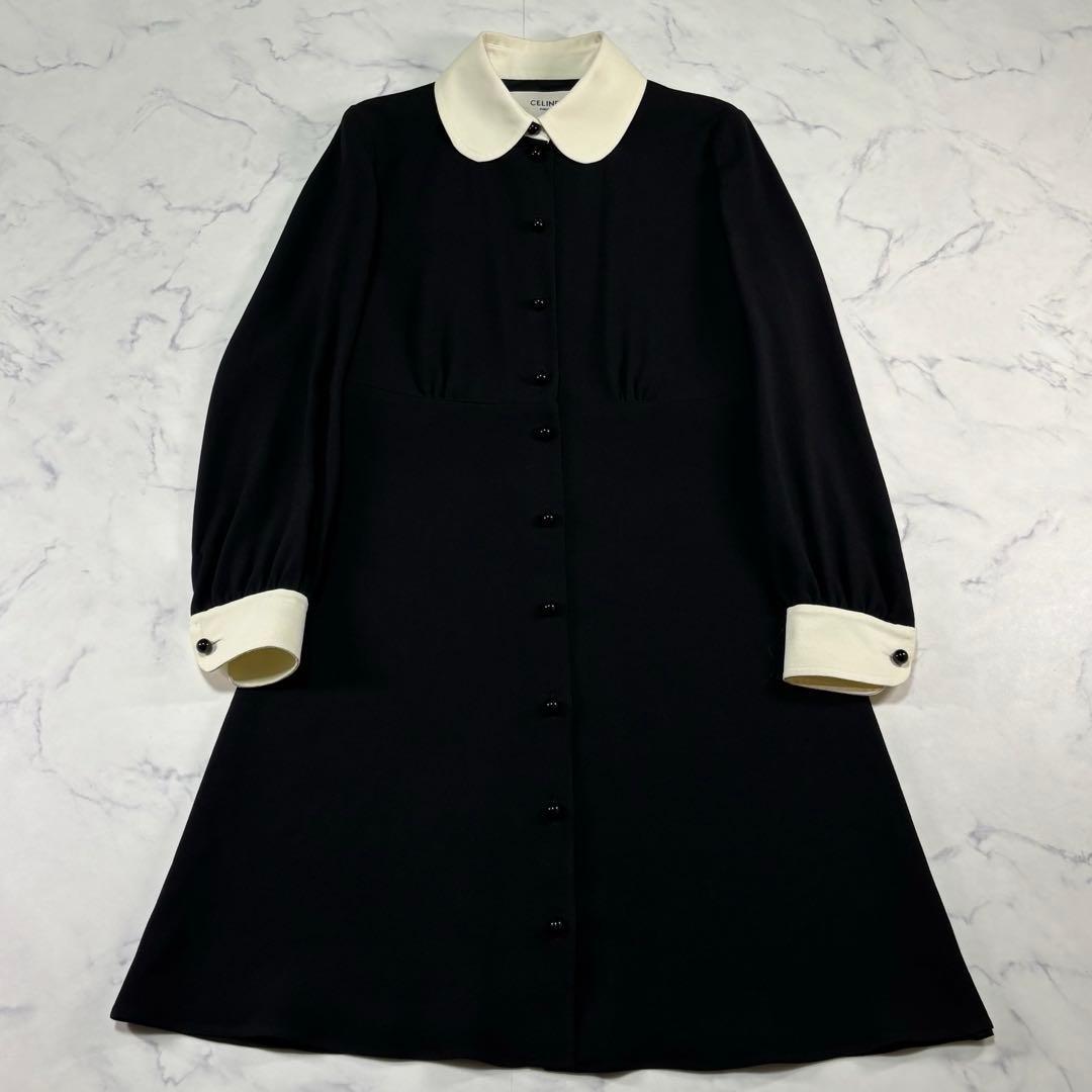 CELINE エディ期 ワンピース 38フランス製ブラック×ホワイト襟付き正規品
