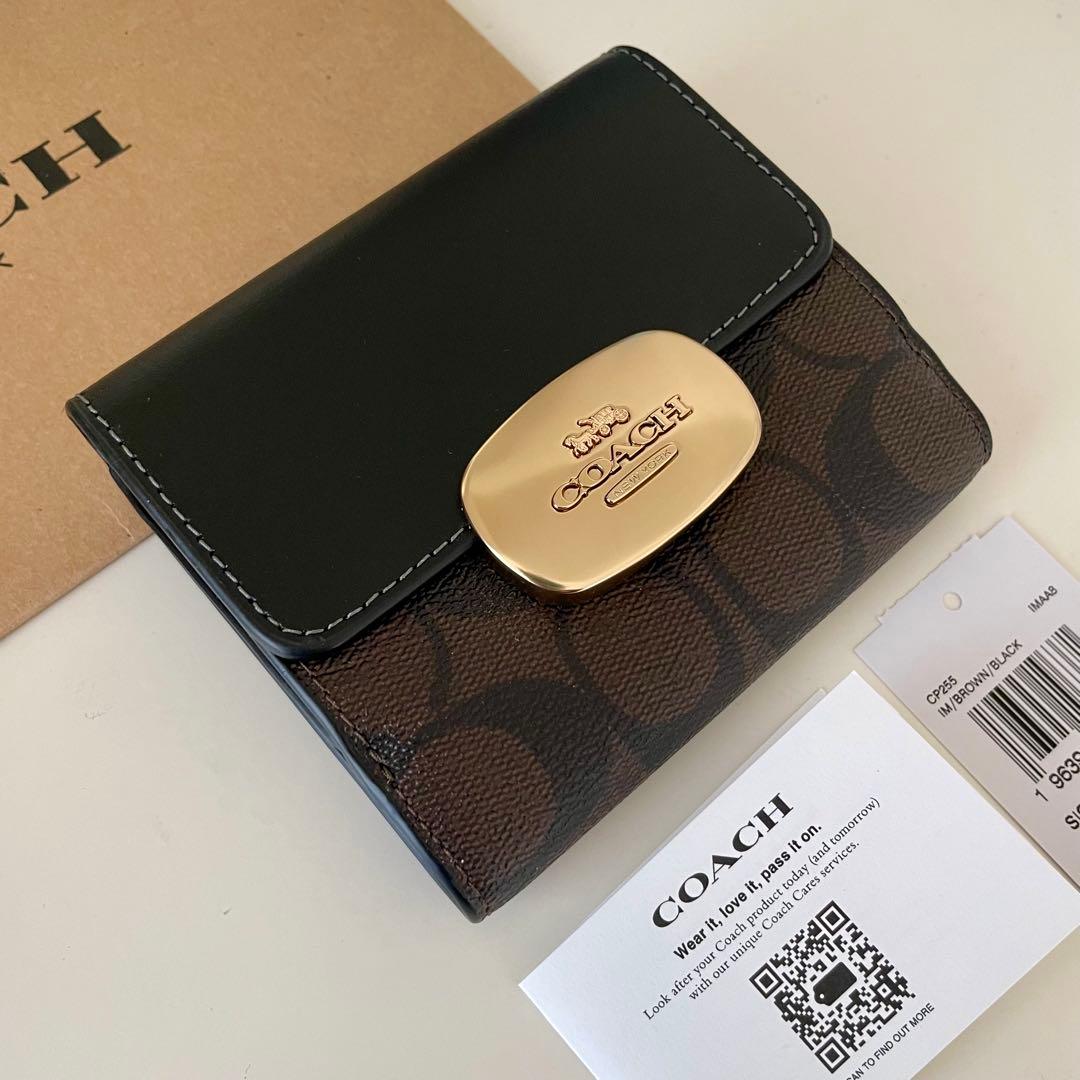 COACH コーチ　折り財布　ミニウォレット　シグネチャーブラウン　ブラック　黒