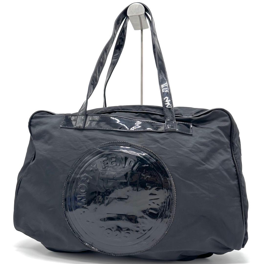 【レア】FENDI ボストンバッグ デカロゴ FF金具 ナイロン PVC 黒