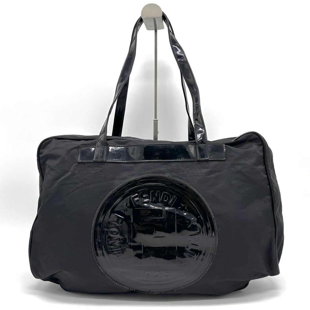 【レア】FENDI ボストンバッグ デカロゴ FF金具 ナイロン PVC 黒