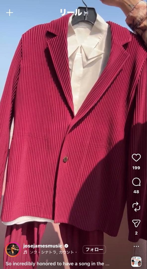 新品 HOMME PLISSEプリーツ テーラードジャケット レッドピンク