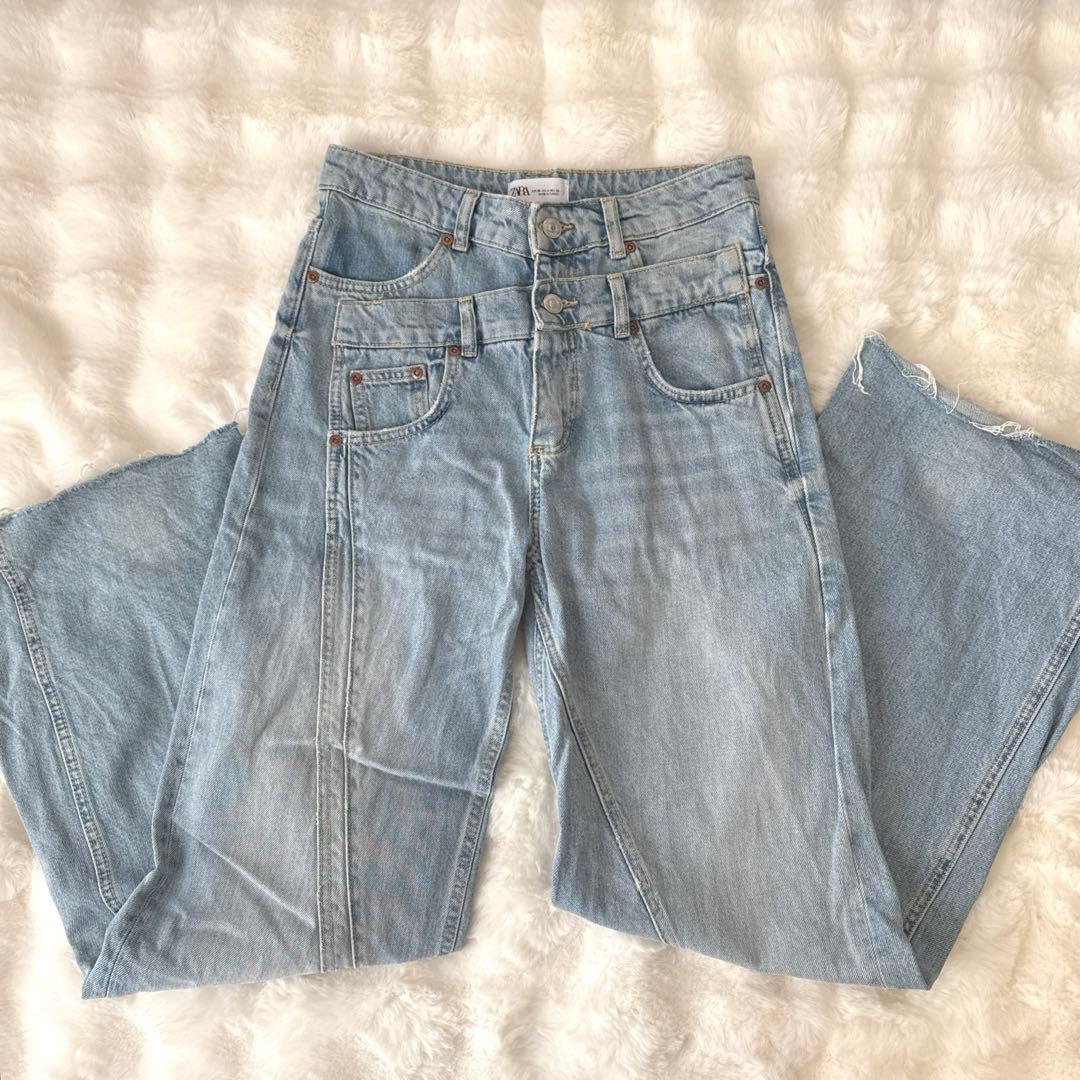 ZARA ザラ ダブルウエストバンドワイド デニムパンツ ライトブルー 36