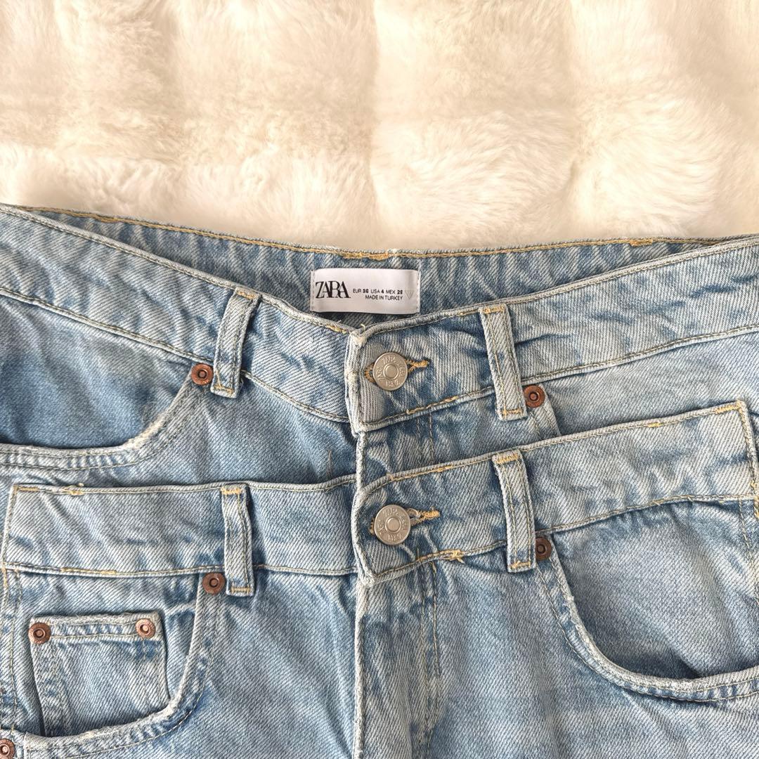 ZARA ザラ ダブルウエストバンドワイド デニムパンツ ライトブルー 36