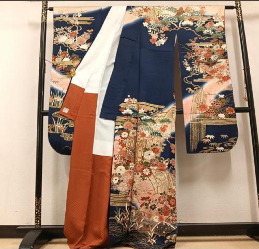 振袖 ネイビー 花柄 絹 丈166.5.裄65