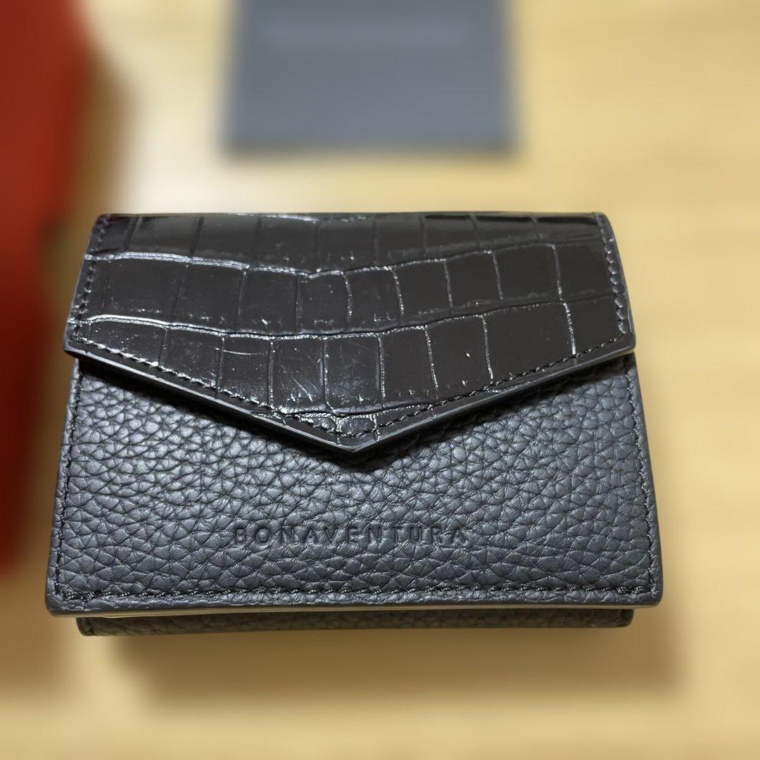 ボナベンチュラ　ミニ財布　ブラック　スモールウォレット　クロコ型押