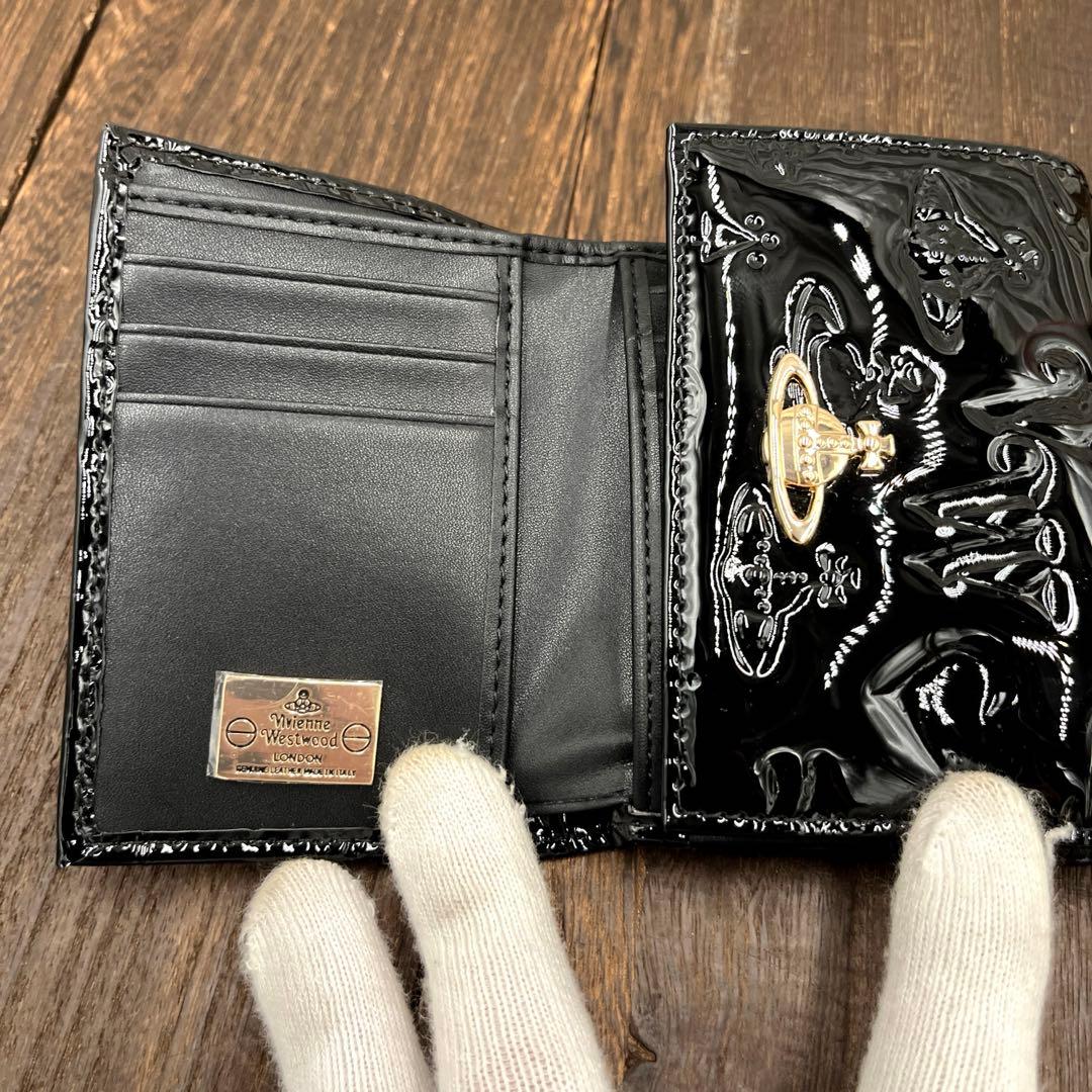 新品未使用　ヴィヴィアンウエストウッド 三つ折財布　黒　エナメル　がま口　②