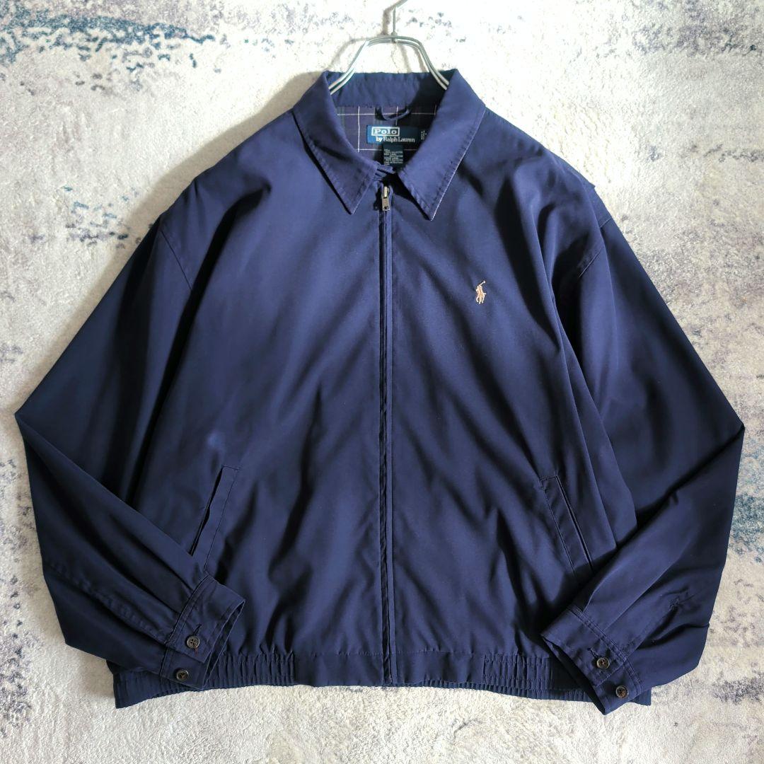 美品 90s ポロラルフローレン スウィングトップ ネイビー 裏地チェック XL