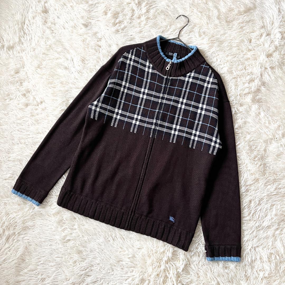 3★バーバリーブラックレーベル チェック柄 ホース刺繍 フルジップニットブルゾン