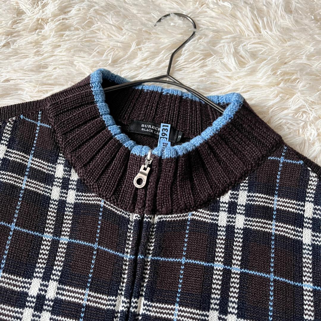 3★バーバリーブラックレーベル チェック柄 ホース刺繍 フルジップニットブルゾン