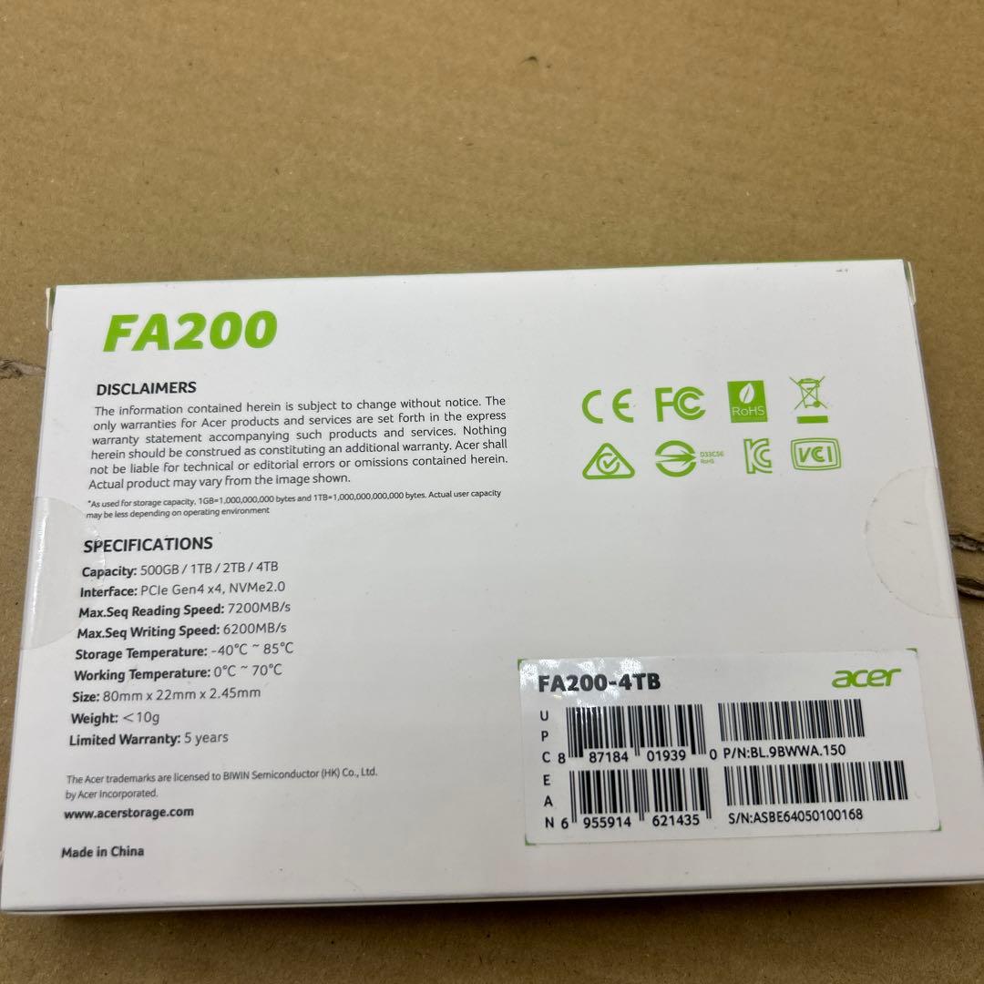 4TB♡Acer M.2 SSD FA200 PCIe Gen4×4