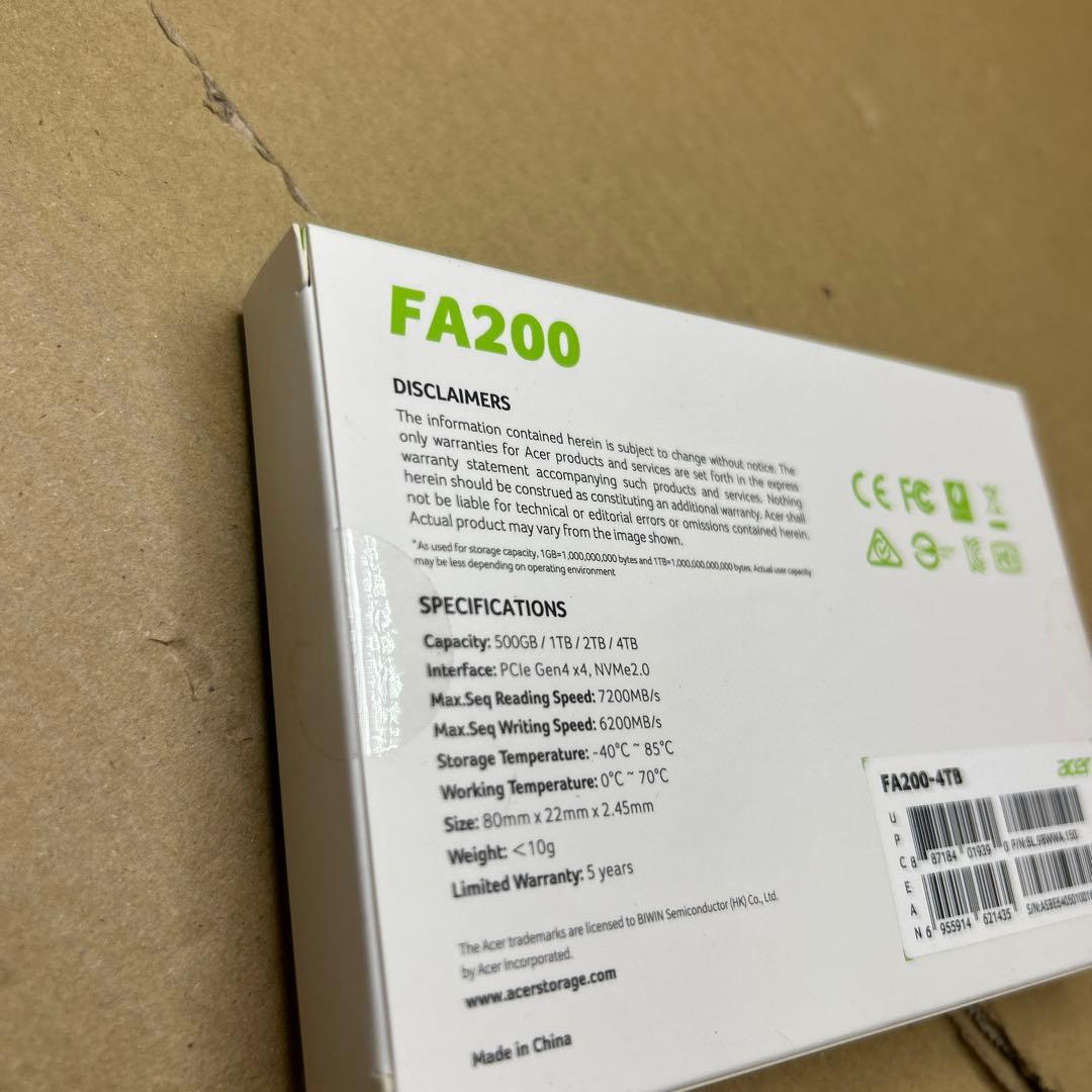 4TB♡Acer M.2 SSD FA200 PCIe Gen4×4
