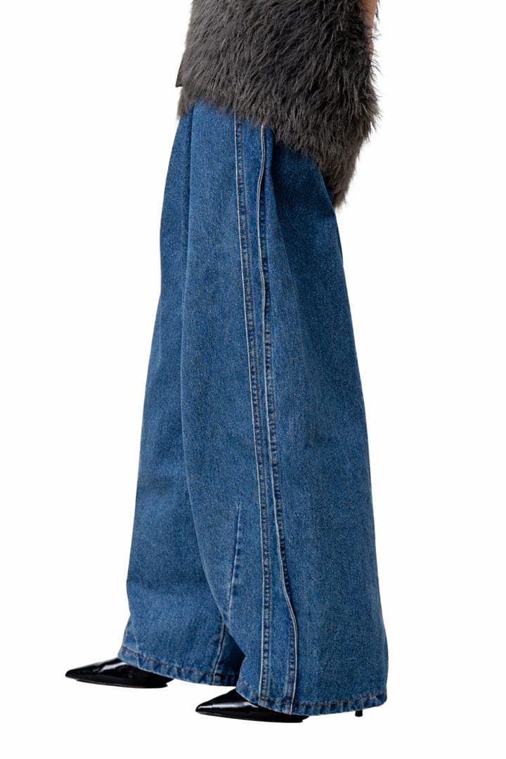 NOMINE サイドラインタックワイドハイウエストデニムパンツ