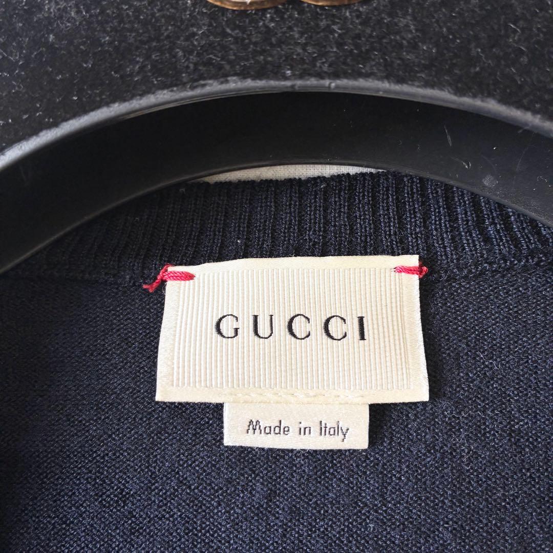 GUCCI グッチ 薄手ウール Ｖネックカーディガン 袖ライン ネイビー