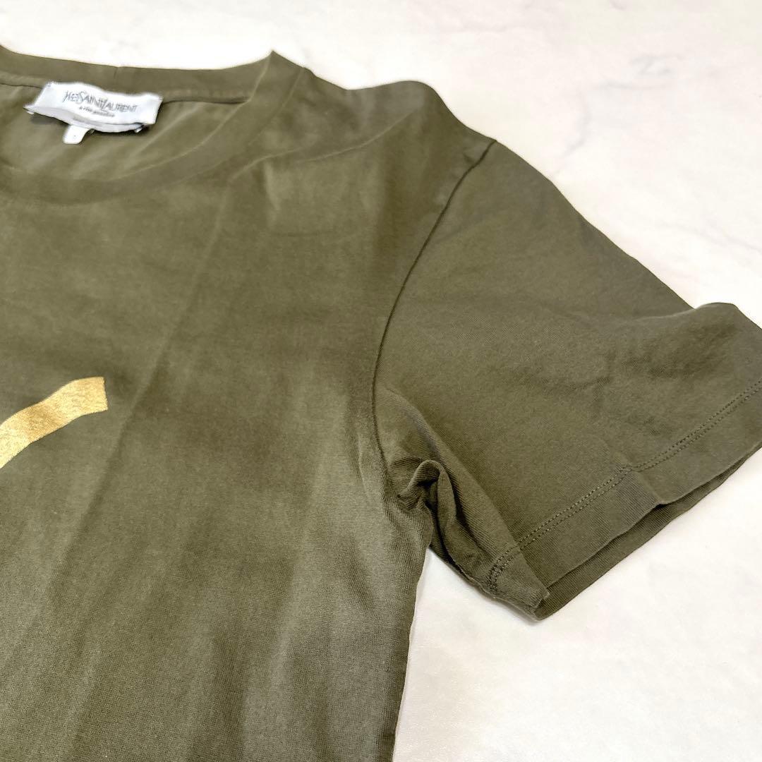 極美品 イヴサンローランTシャツ カーキ ゴールドロゴ イタリア製