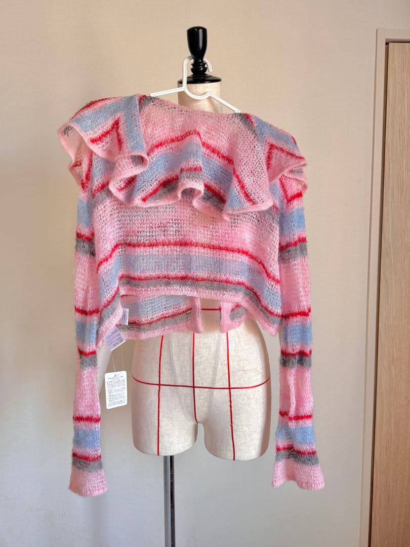 希少品 poppyフリル付きストライプニットカーディガン