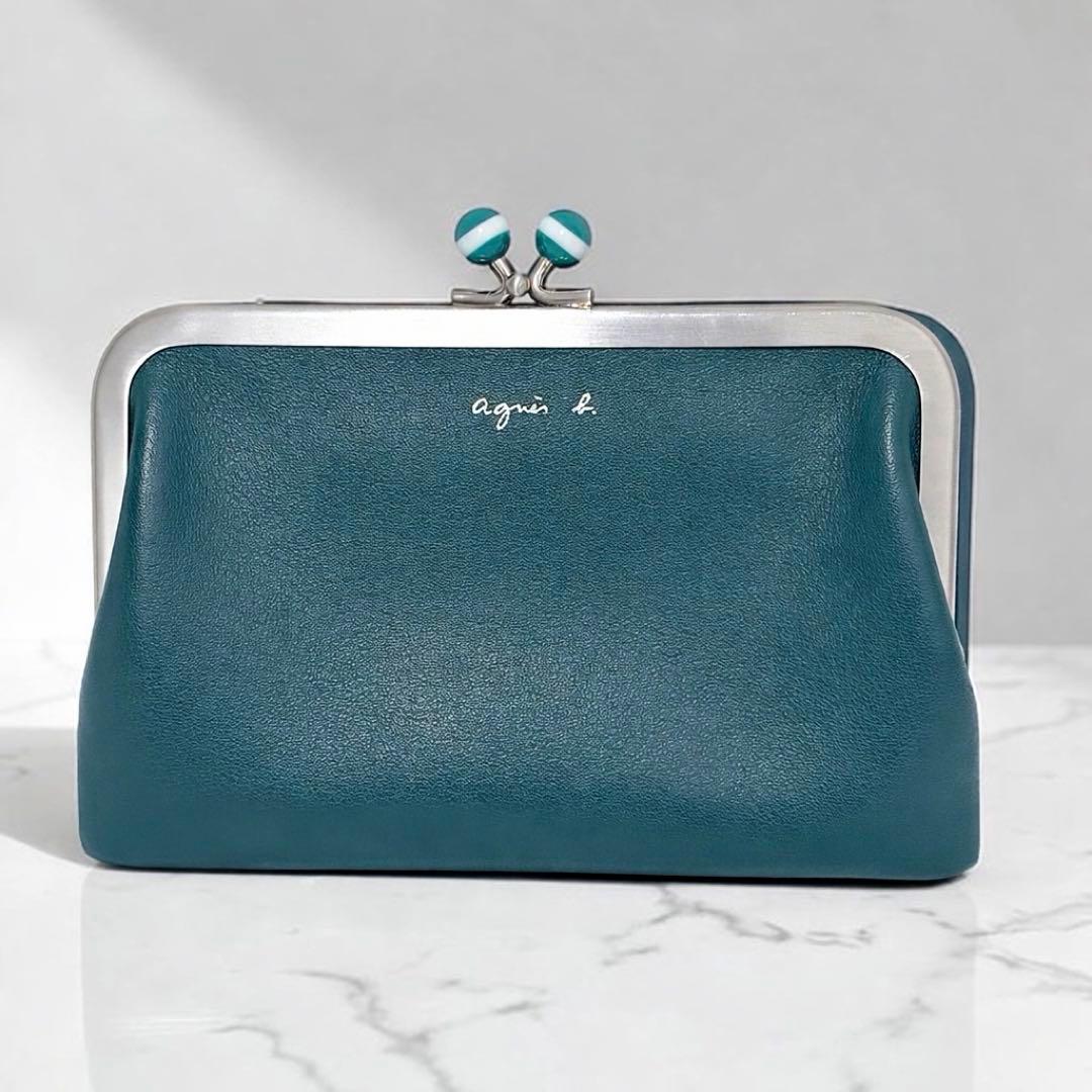 美品✨人気色✨アニエスベー がま口 二つ折り財布 レザー 牛革 グリーン ロゴ