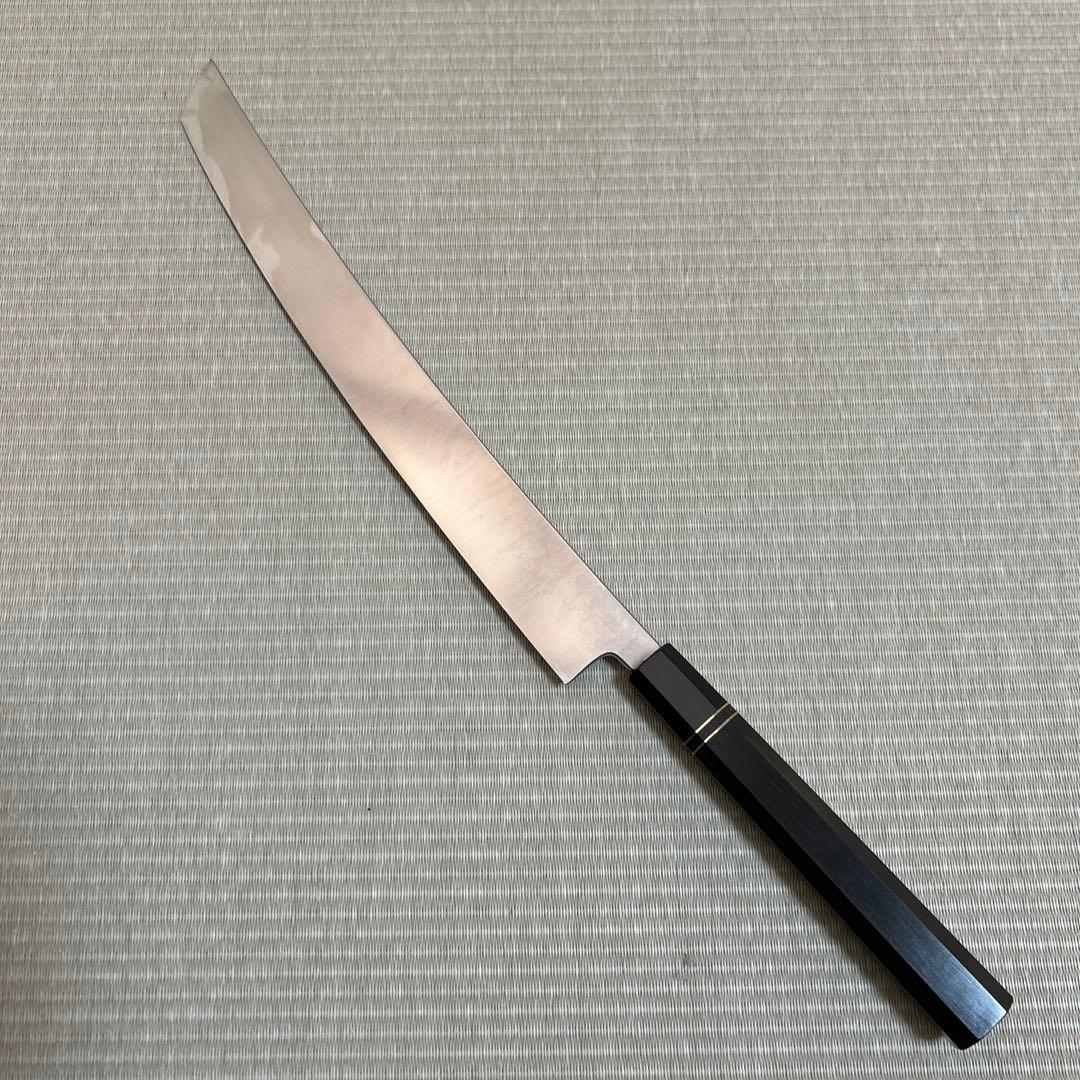 鏡面　本焼　先丸　柳刃　包丁　和包丁　V金10号　鬼反り　黒檀黒水牛八角柄　新品