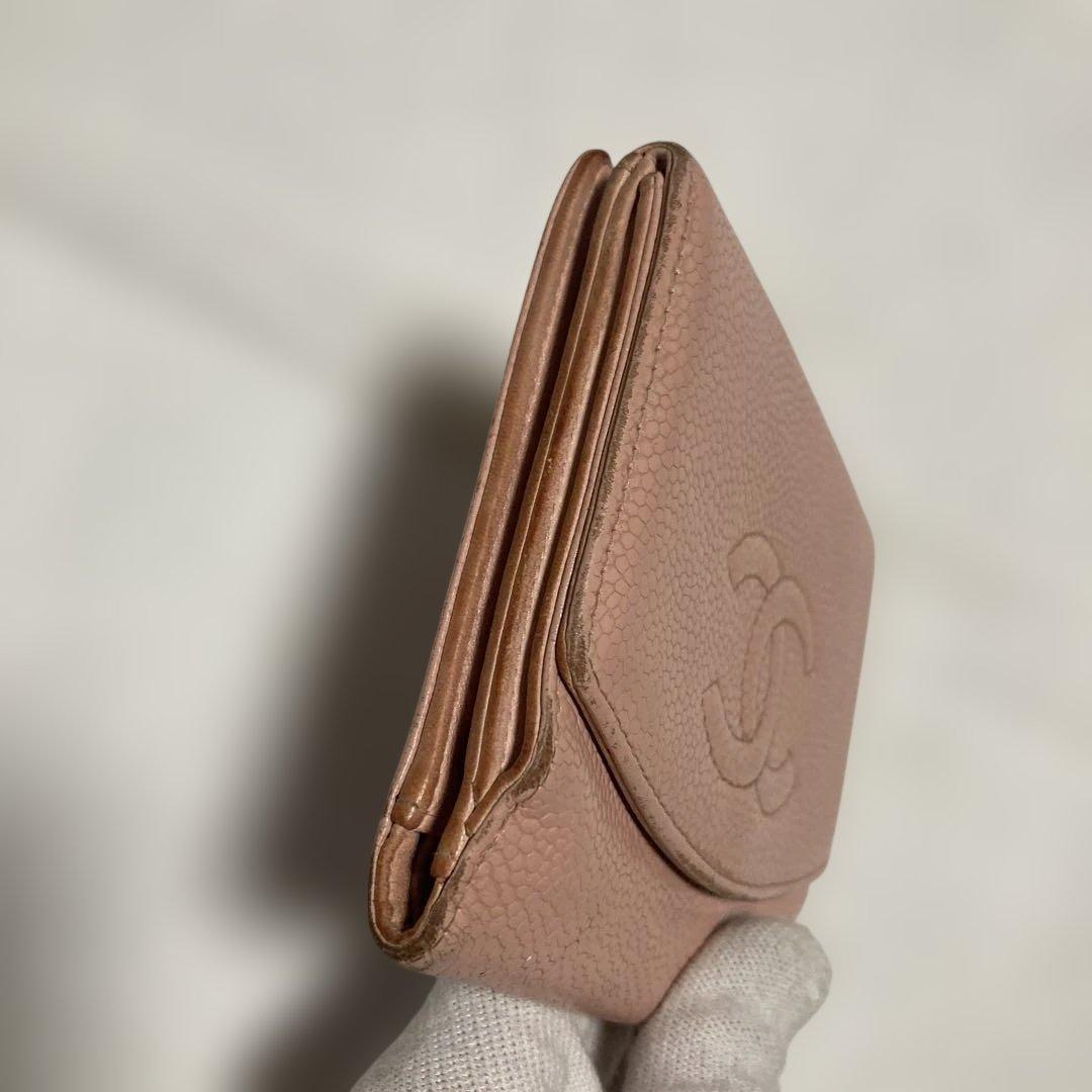 CHANEL 二つ折り財布★ココマーク.キャビアスキン.ピンク.Wホック.レザー