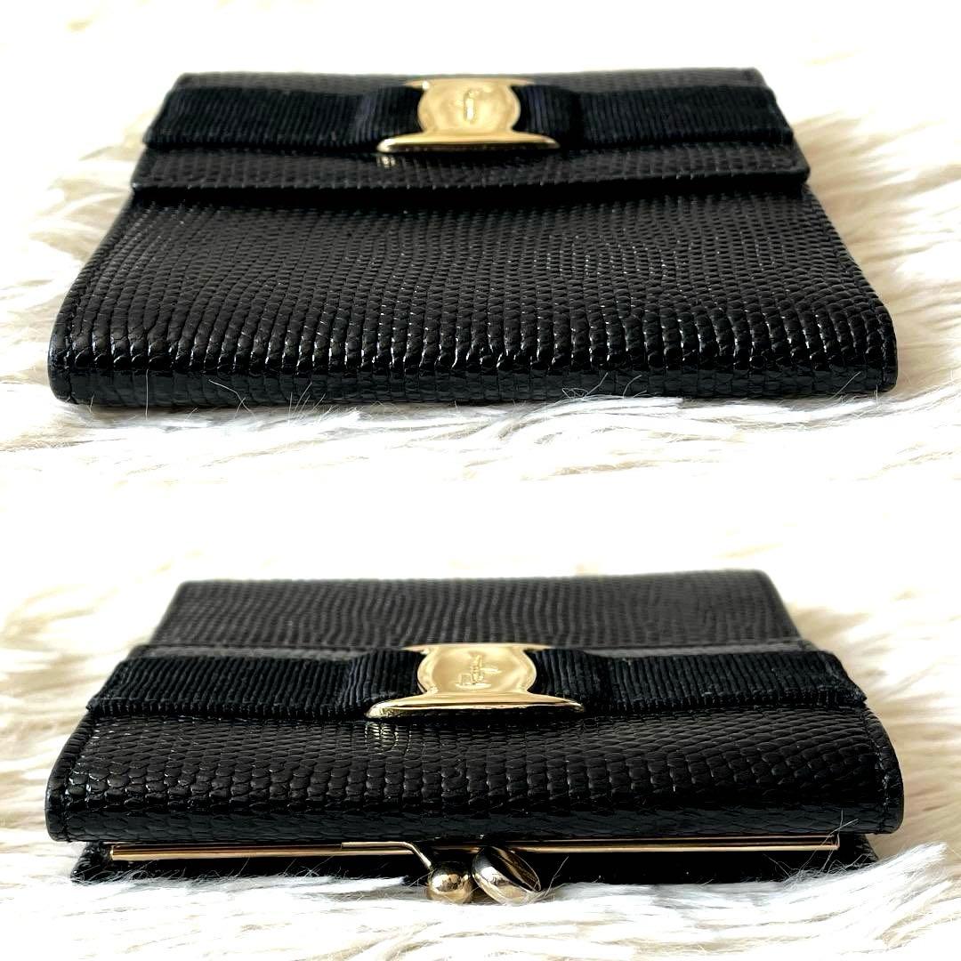 ェラガモ 三つ折り財布 ブラック ヴァラリボン がま口 レザー 正規品 極美品